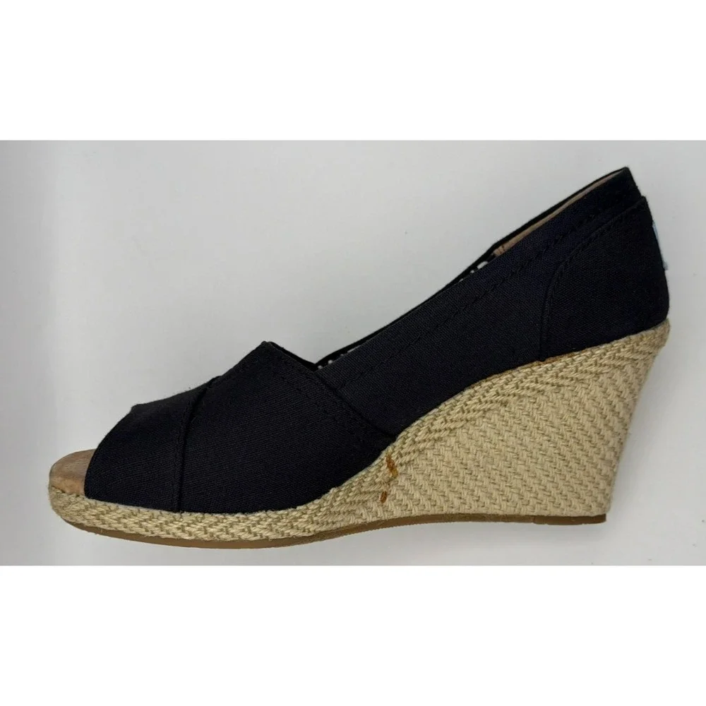 TOMS Womens 7.5 Black Canvas Peep Toe Espadrille Wedge Heels Slip On Shoes